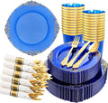 Hioasis 210pcs Blue and Gold Plates - Blue Party Plates for 30 Guest, Include 60 Heavy-duty Plates(20% Thicker Than Standard), 30 Pre Rolled gold Plastic goldware Set, 30 Cups