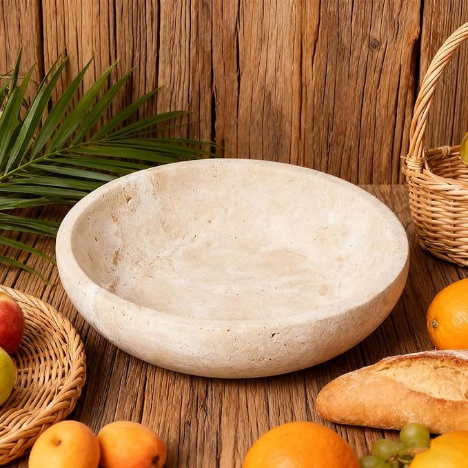 Handmade Travertine Stone Bowl | 7.8" Decorative Key & Fruit Bowl | Kitchen Counter, Dining Table Centerpiece, Entryway & Office Desk Decor (Beige)