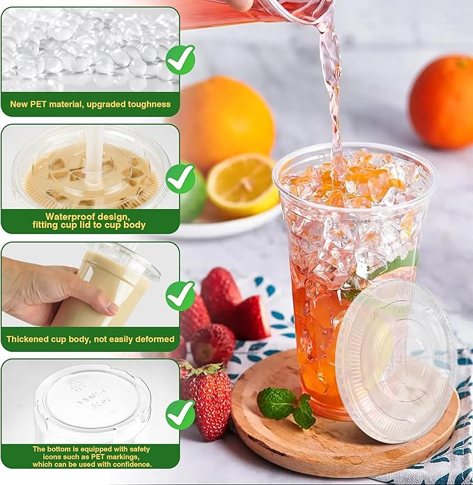 Charmount 32 oz 50 Sets Clear Plastic Cups with Lids and Straws, Sturdy & Food Safe Disposable To Go Cups for Cold Drinks, Iced Coffee, Milkshakes, Smoothies