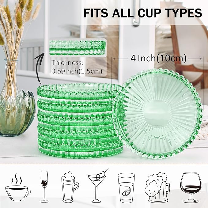 Modern Glass Coasters, GOH DODD Set of 6 Crystal Coasters Tabletop Protection for Drinks, Home Decor, Kitchen, Living Room, Patio, Wedding, Party, Housewarming Gifts, Clear Green