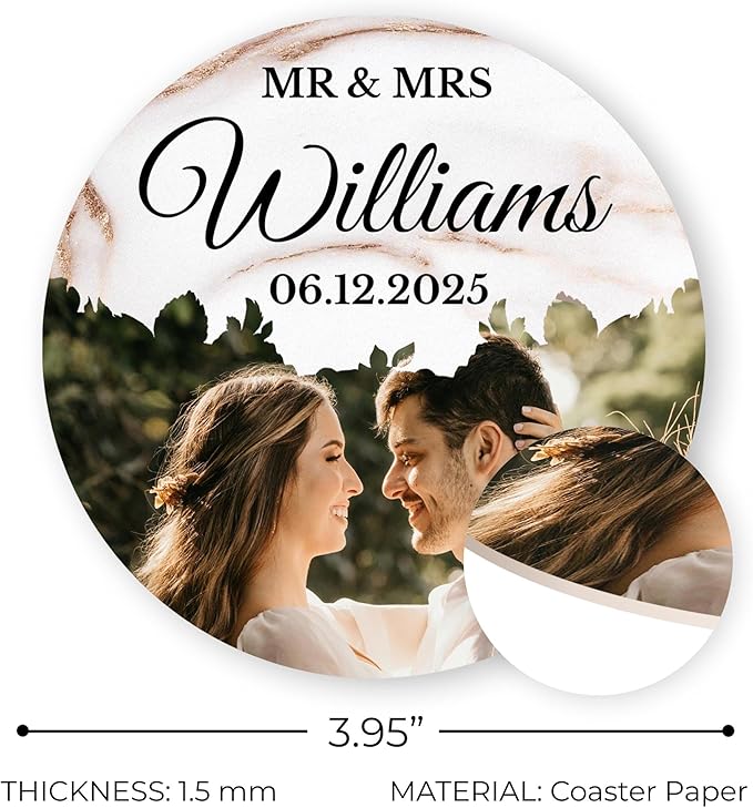 100 Pack Personalized Wedding Coasters, Custom Cardboard Coasters for Drinks with Photo Print and Text, Keepsake Wedding Favors and Gifts for Couples, 3.95" Round (Design 9)
