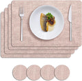 MOSAYT Faux Leather Placemats Set of 8, Heat Resistant Vinyl Place Mats with Coasters, Wipeable Washable Waterproof Oil Proof Table Mats for Kitchen Dining Indoor Outdoor, 12" x 17", Pink