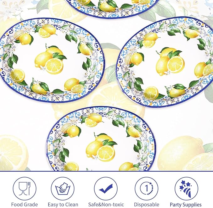 Grencian 50 Pcs Capri Lemon Oval Paper Plates 10"x12" Large Blue Tiles Yellow Lemon Plates Disposable 400 GSM Heavy Duty Capri Lemon Party Supplies for Summer Citrus Fruit Lemon Birthday Party Decor