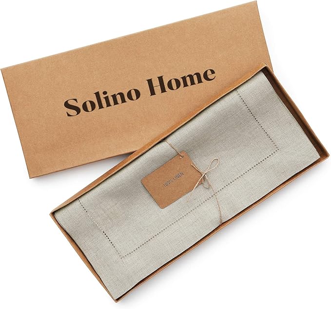 Solino Home Linen Natural Table Runner 48 Inches - Classic Hemstitch, 100% Pure Linen Coffee Table Runner 14 x 48 Inch Ideal for Dresser Tables - Spring, Easter
