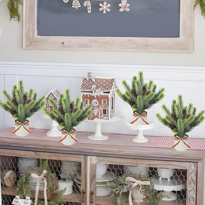 4PCS Christmas Potted Plant, Tabletop Small Christmas Tree with Pine Cones Fake Plants Christmas Greenery for Table Centerpeice Home Office Bathroom Farmhouse Decoration