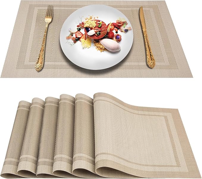DACHUI Placemats Set of 4, Linen Look Woven Place Mats, Water Resistant, Heat Resistant, Washable, Durable Table Mats (Beige)