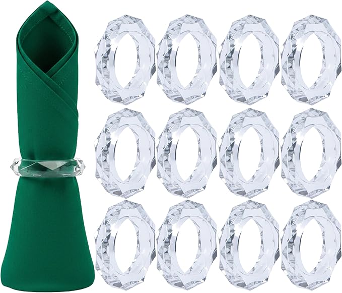 ALPHA Living HOME Transparent Acrylic Napkin Rings - Set of 12 Elegant Serviette Holders for Wedding, Party, Dining Table & Holiday Décor - Clear Napkin Rings by