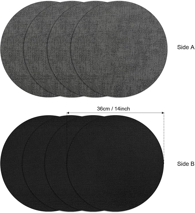 Myir JUN Round Placemats Dual Sided, Faux Leather Place Mats Set of 4 Indoor Placemats for Dining Table Outdoor Placemats Non-Slip Washable Table Mats (Set of 8, Gray Black)