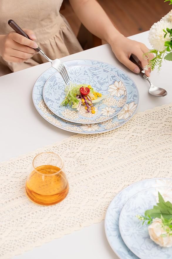 High Bone China Dinnerware Set, 12-Piece Artistic Blue Plates and Bowls, Lightweight & Chip Resistant Ceramic Service for 4, Dishwasher Safe Elegant Kitchen Dining