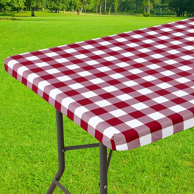 Smiry Rectangle Picnic Table Cloth, Elastic Waterproof Fitted Vinyl Tablecloths, Flannel Backed Buffalo Plaid Table Covers for Dining, Camping, Outdoor (Burgundy and White, 30" x 60")
