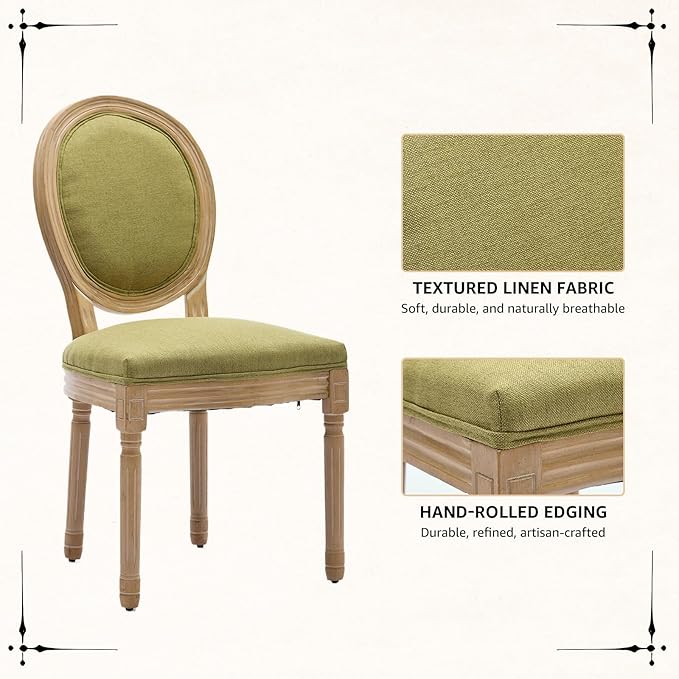 Vintage French Dining Chairs Set of 4, Round Back Upholstered Accent Chairs in Linen Fabric with Solid Wood Frame, Farmhouse Sillas de Comedor for Dining Room & Kitchen, Olive Green