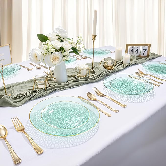 DaYammi 60PCS Green Gold Plastic Plates - 10 inch Green Plastic Dinner Plates - Hammer Pattern Design - Fancy Disposable Plates Ideal for Wedding & Party