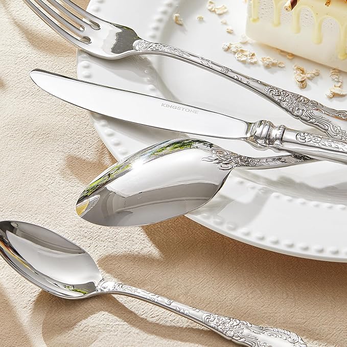 KINGSTONE Vintage Carved Silverware Set, 5-Piece 18/10 Stainless Steel Flatware Cutlery Set with Retro Royal Thick Handle, Tableware Utensils for Home, Restaurant, party, Wedding, Dishwasher Safe