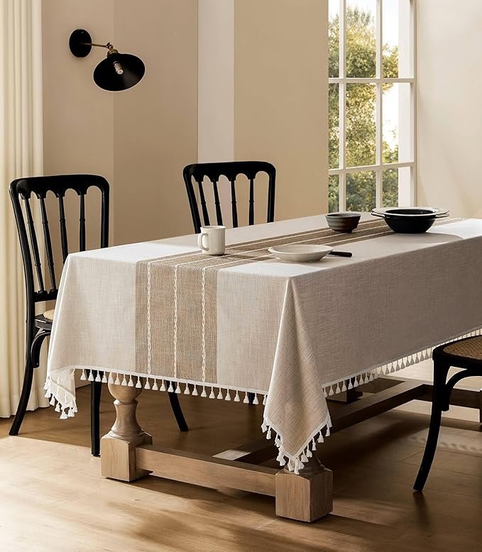 ZeeMart Contrast Linen Table Cloth Rectangle Table Cloths 54x108 Inch Brown, Farmhouse Style Heavy Weight Beige Tablecloth, Water Resistant Burlap Tablecloth