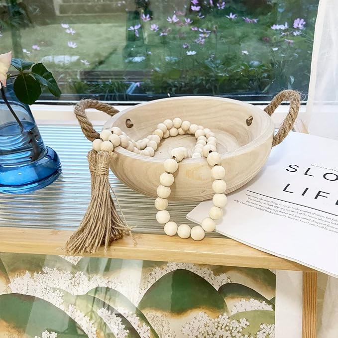 OMISHE Paulownia Wood Bowl, Decorative Bowl for Home Decor, Natural Handmade Dough Wooden Bowl, Rustic Round Serving Bowl with Rope Handle and Wood Bead Garland for Tabletop Centerpiece Decor