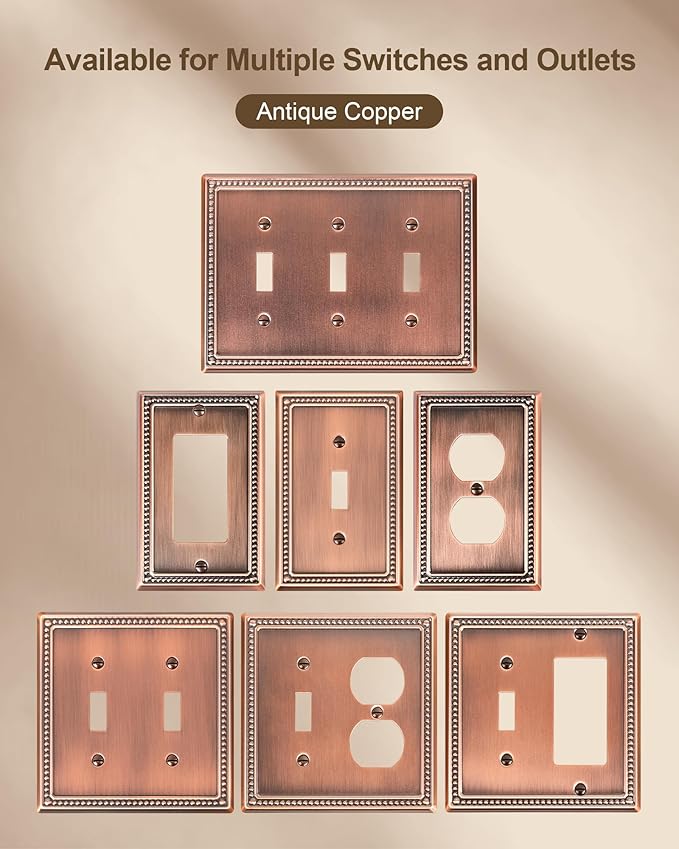 2-Pack Double Toggle Light Switch Cover Plate, Pearls Decorative Dual Switch Plate Covers, Antique Copper 2 Gang Metal Wall Plate, Corrosion Resistant