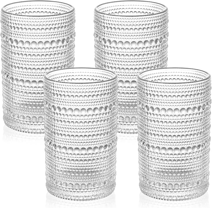 Vintage Hobnail Drinking Glasses Set of 4 – 13 oz Clear Highball Glass Cups – Embossed Textured Glassware with Anti-Slip Grip for Water, Juice, Cocktails – Thick Glass, Dishwasher Safe