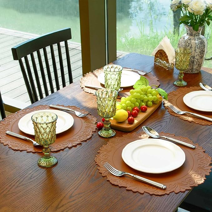 Noctiflorous Round Faux Leather 15 Inch Placemats Set of 6 Waterproof Wipeable Heat Resistant Tablemat for Dining Table Kitchen Non Slip Washable Oilproof Table Place Mat(Umber Brown, 6)