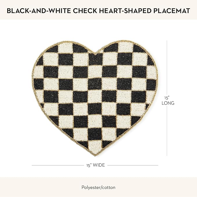 MACKENZIE-CHILDS Beaded Placemat, Indoor Table Mat, Black-and-White Check Heart Shaped