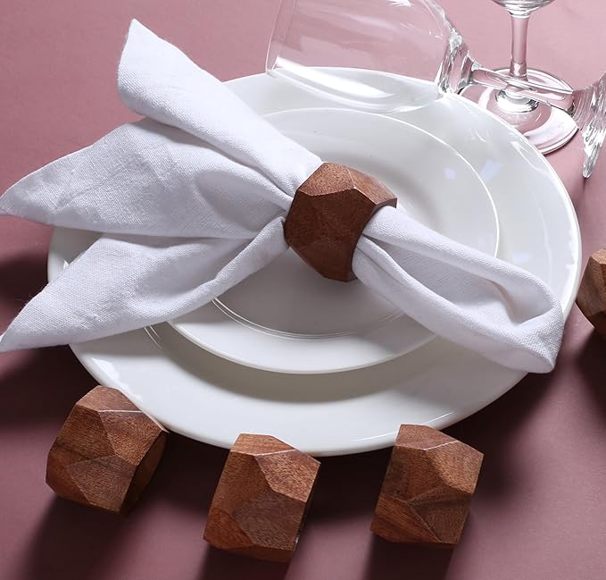 ALPHA Living HOME Wooden Napkin Rings Set of 12 - Decorative Daimond Serviette Holders for Party, Decoration, Dinning Table, Everyday, Family Gatherings - Rustic Reusable Napkin Rings (Brown)