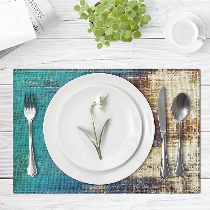 Emvency Farmhouse Placemats Set of 4, Abstract Teal and Light BrownArt Painting 12x18 Inch Messy Rust Vintage Table Mats for Outdoor Home Party Kitchen Dining Decoration