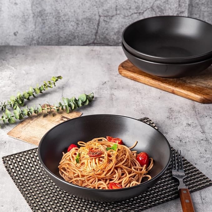 AmorArc 8.75‘’ Large Pasta Bowls, 42 ounce Deep Stoneware Bowls Set of 4 for Kitchen, Wide Bowl for Pasta/Salad/Fruit/Oatmeal/Soup, Microwave&Dishwasher Safe-Matte Black