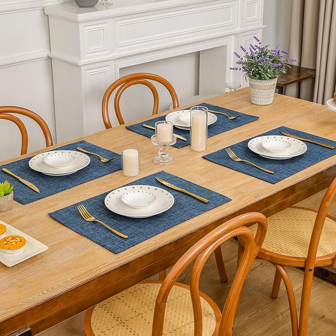 SHACOS Washable Cloth Placemats Set of 6 Fabric Place Mats Double Layered Thick Faux Linen Placemat Non Slip Reversible Table Mats Home Wedding Table Decor, Dark Blue