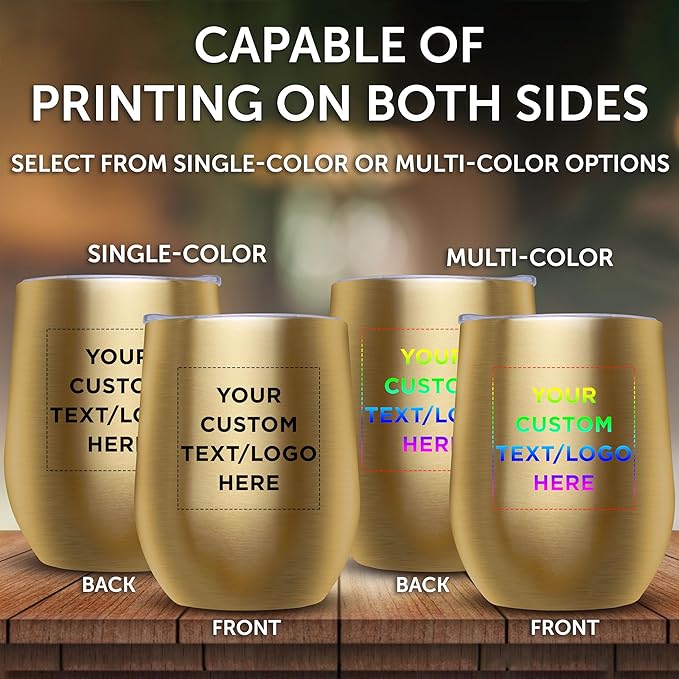 Custom Stemless Wine Glass Tumblers with Lids by Largo 11 oz. Set of 12, Personalized Bulk Pack - Perfect for Wine, Cocktails, Other Hot & Cold Beverages - Gold