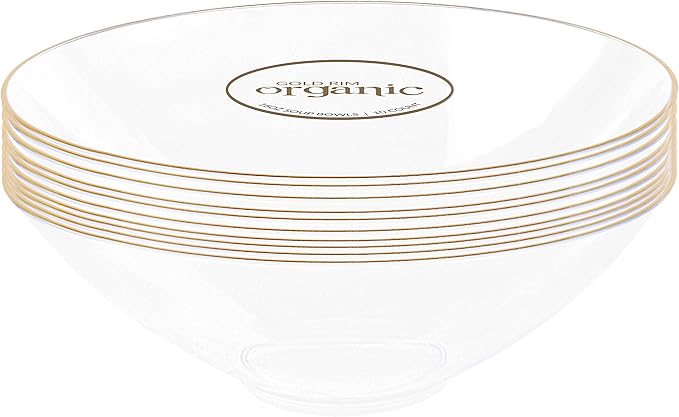 [16 OZ 40 Count] Clear Plastic Organic Design Party Soup bowls With Gold Rim Premium heavyweight Elegant Disposable Tableware Dishes