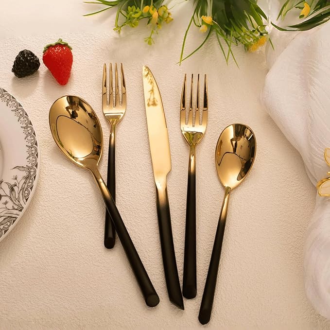 Black and Gold Silverware Set for 4 Modern 20 Piece Flatware Set Stainless Steel Mirror Polished Unique Black Gradual Change Gold Cutlery Utensils Sets for Home Kitchen Restaurant Nice Weight