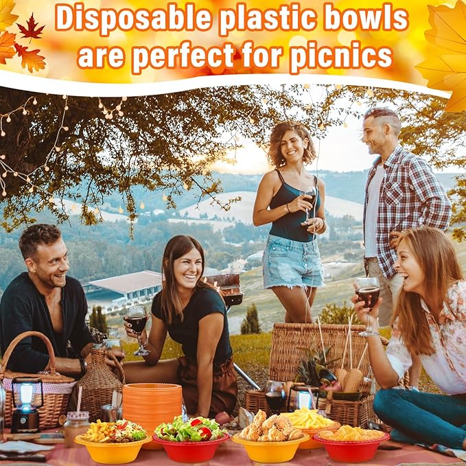 Layhit 100 Pcs Thanksgiving Plastic Bowls 12 oz Disposable Salad Yellow Red Orange Plastic Serving Autumn Party Supplies Candy Snack Bowls for Thanksgiving Harvest Party Picnic