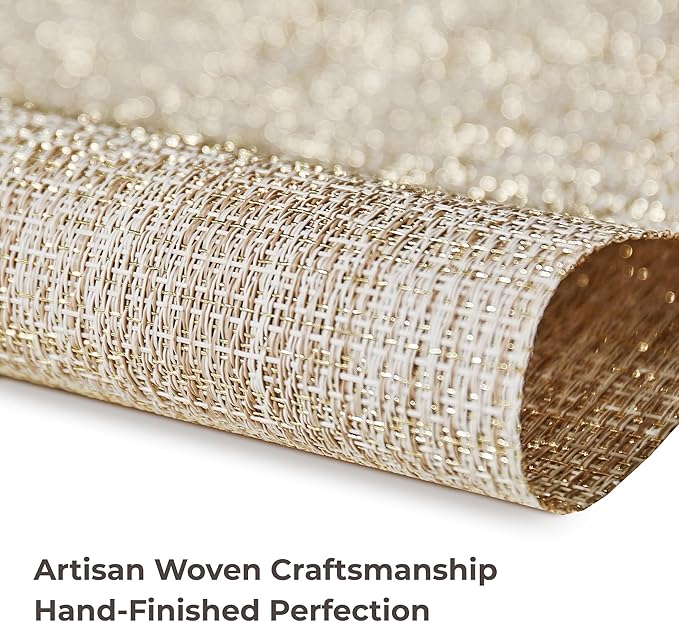 Leetaltree Luxury Beige and Gold Woven Placemats Set of 8 - Waterproof Washable Textured Table Mats for Wedding, Anniversary, Daily Use - Sparkling Metallic Thread Table Decor - Hand-Cut