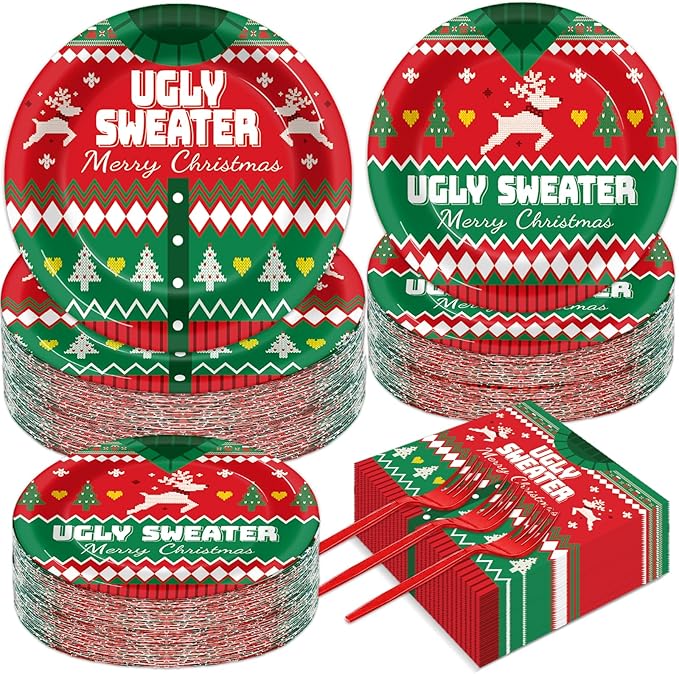200 Pcs Christmas Ugly Sweater Party Supplies Paper Plates Napkins Xmas Tacky Sweater Tableware Party Decorations Favors for Xmas Birthday Winter Holiday Serves 50
