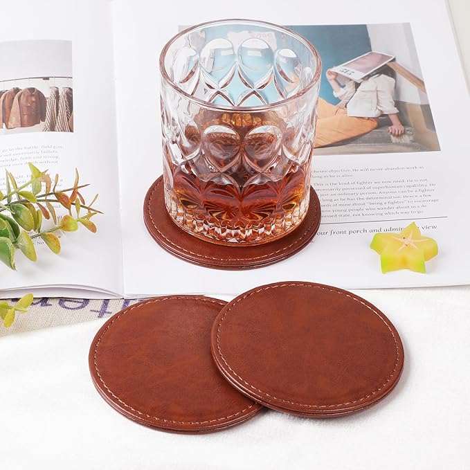 6 Pcs Premium Leather Coasters with Holder, Tabletop Protection, Coffee Table & Bar Decoration, Modern-Style Drink Coasters Suitable for Home Dining Tables & Kitchen Accessories (Brown)