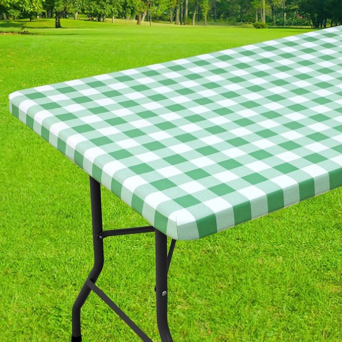 Smiry Rectangle Picnic Table Cloth, Elastic Waterproof Fitted Vinyl Tablecloths, Flannel Backed Buffalo Plaid Table Covers for Dining, Camping, Outdoor (Sage Green and White, 30" x 48")