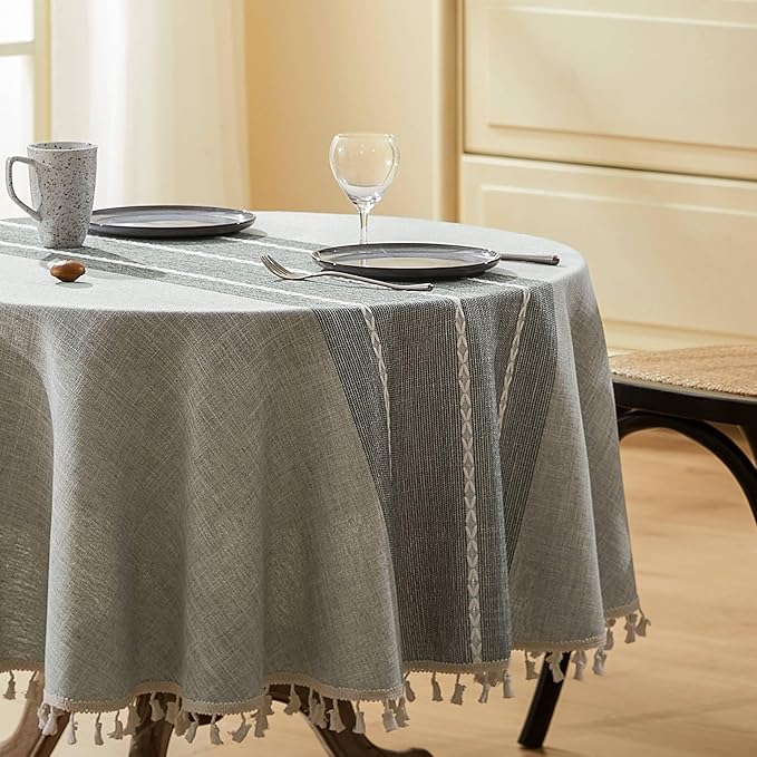 ZeeMart Contrast Linen Round Tablecloth 60 Inch Grey, Farmhouse Style Round Table Cloth Heavy Weight Grey Tablecloths, Water Resistant Burlap Table Cloths