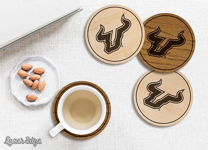LazerEdge South Florida Bulls Wooden Coaster Set - Cherry Wood - Officially Licensed Product - 4-Pack