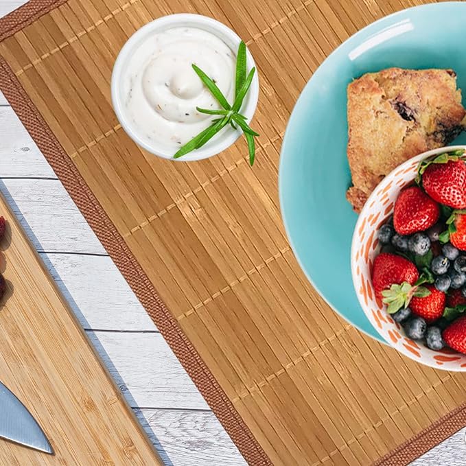 ANDSTAR Set of 8 Pcs Bamboo Placemats with Fabric Border Sushi Rolling Mat Japanese Style Natural Anti-Slip Bamboo Placemats Washable Heat-Resistant Table Mats for Dining Room and Kitchen（Coffee）