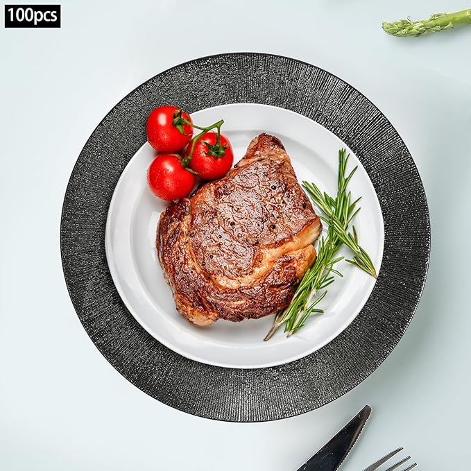 Charger Plates, 100pcs Black 13inch Plastic Dinner Plate, Round Plastic Dinner Plate with Delicate Texture for Parties Wedding (Black)