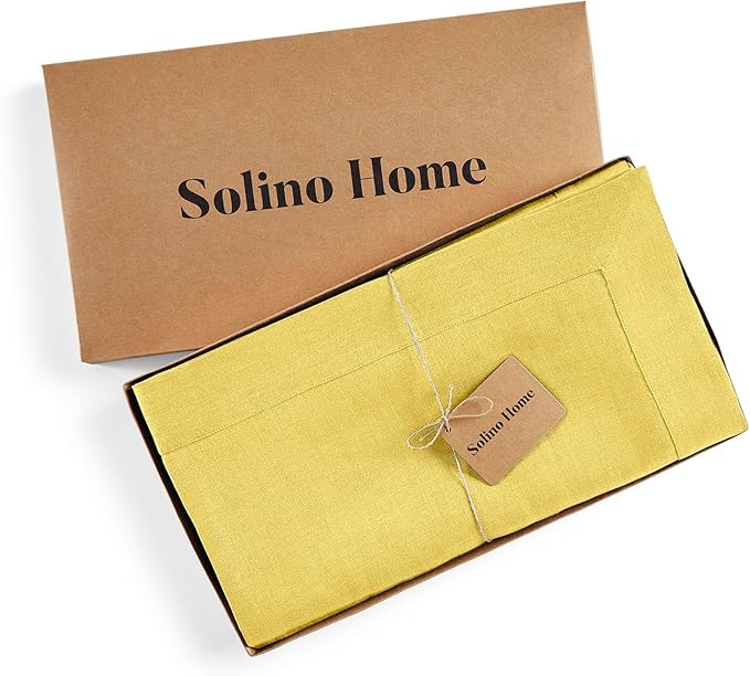 Solino Home Linen Tablecloth for Rectangle Tables 60 x 90 Inch - 100% Pure Linen Sunshine Yellow Table Cloth - Fete, Machine Washable Cloth Tablecloth for Spring, Easter