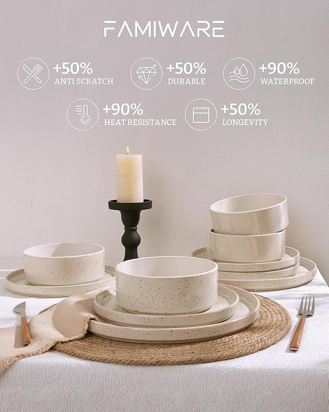 Famiware Nebula Plates and Bowls Sets, 18 Pieces Dinnerware Sets, Dishes Set for 6, Creamy White with Colorful Speckles