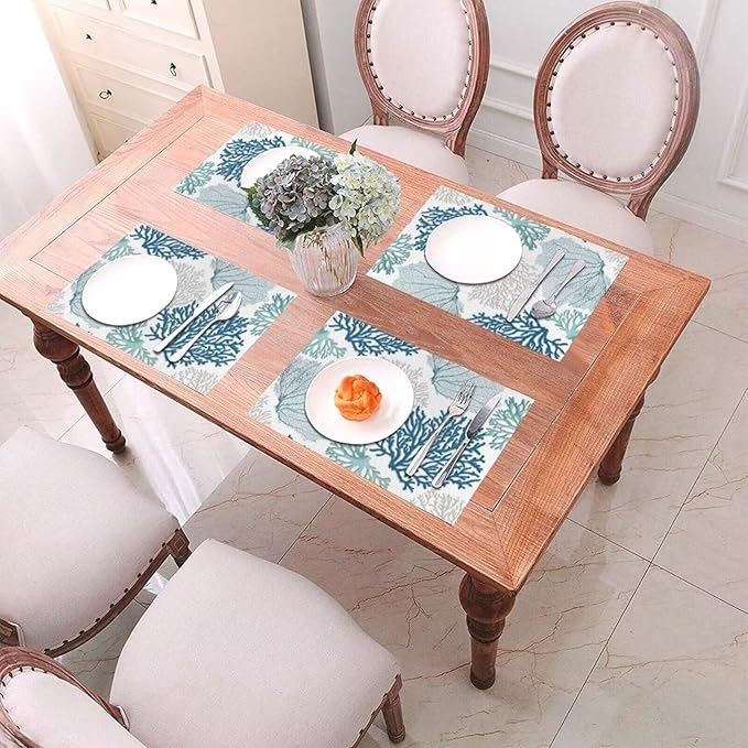 Placemats Set of 4 Nautical Blue Coral Place Mats Coastal Teal Beige Coral Woven Table Mats Washable Ocean Theme PVC Placemat for Dining Kitchen Decor Indoor Outdoor, 12 x 18 Inch