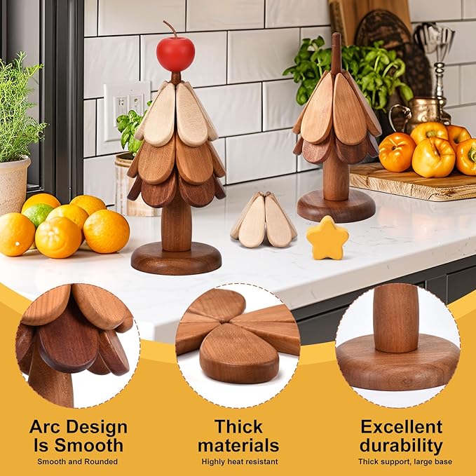 Wooden Tree Trivet Set - Tree Coasters & Trivets for Hot Dishes - Cork Hot Pots and Pans - Coasters & Trivets for Hot Dishes (Star)