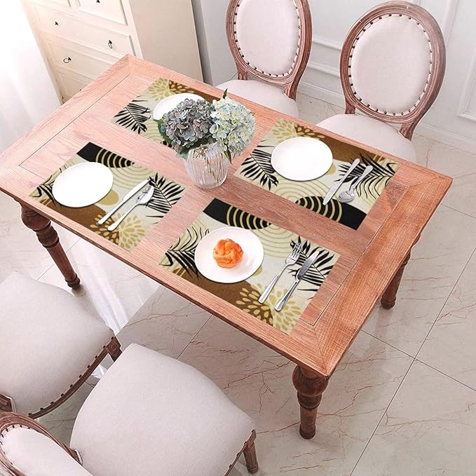 Boho Mid Century Placemats Abstract Golden Dots Leaves Modern Geometric Minimalist Aesthetic Washable Place Mats 12x18Inch for Dining Kitchen Farmhouse Decor 4 PCS