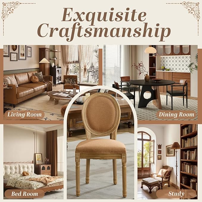 SoarFlash French Dining Chairs Set of 4, Vantage Dining Chair with Round Back, Wood Leg Farmhouse Country Dining Chair for Kitchen,Bedroom,Brown