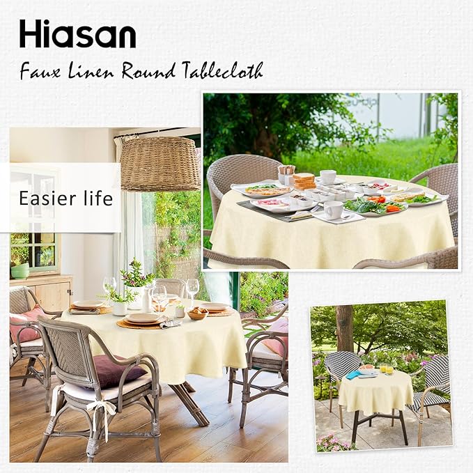 Hiasan Round Linen Tablecloth 50 Inch - Wrinkle and Stain Resistant Washable Polyester Fabric Table Cloth for Dining Room Kitchen Party, Champagne