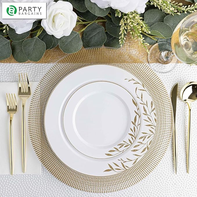 PARTY BARGAINS 13-Inch Charger Plates - 8 Pack, Clear Gold Textured Rim, Heavy-Duty Disposable Chargers for Elegant Dining - Ideal for Weddings and Formal Events
