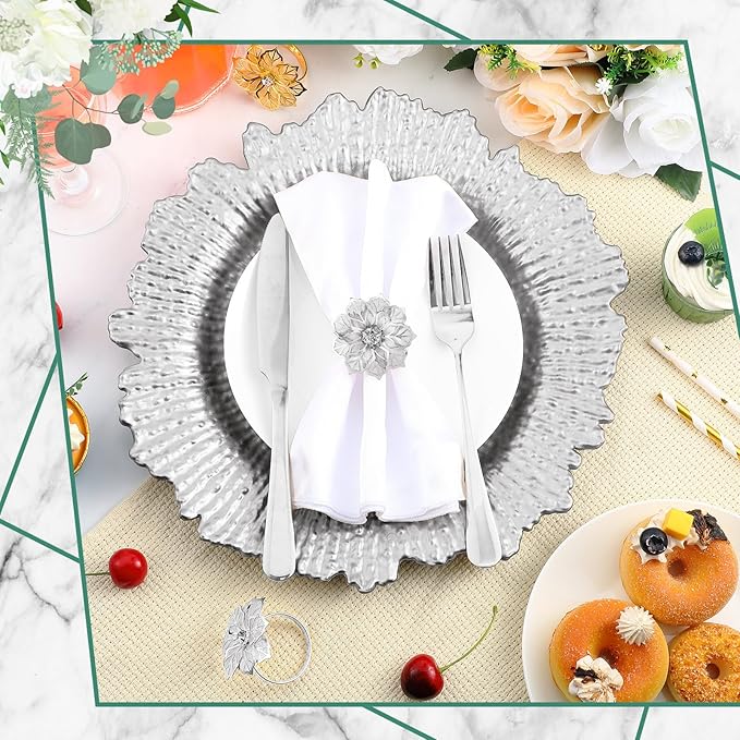 Dandat 48 Pcs Charger Plate Bulk 13'' Floral Reef Plates with Napkin Ring Plastic Dinner Charger Hollow Out Flower Napkin Holder Plastic Plate for Table Setting Wedding Party (Silver)