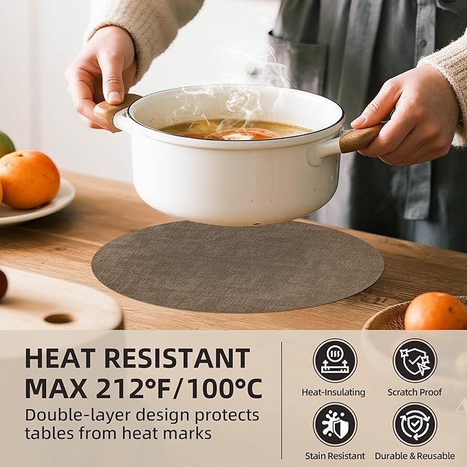 15 inch Faux Leather Round Placemats Set of 4 Non-Slip Washable Wipeable Table Mats, Heat Resistant Waterproof Oilproof Dark Coffee Place Mats for Kitchen, Dining, Party, Indoor, Outdoor