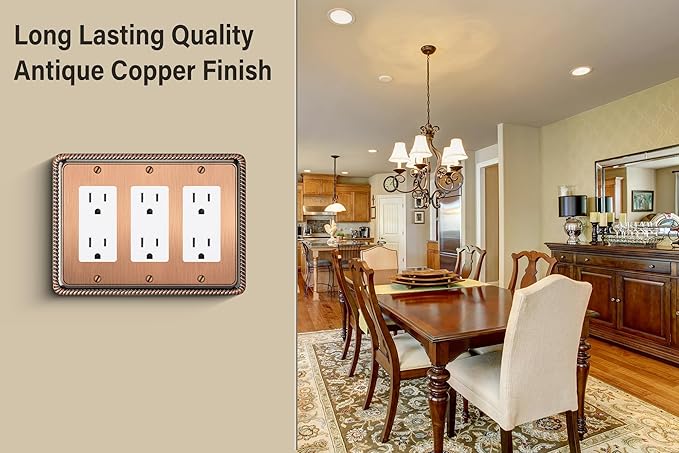 Henne Bery Rope Edge Decorative Wall Plate Switch Plate Outlet Cover (Triple Decorator, Antique Copper)